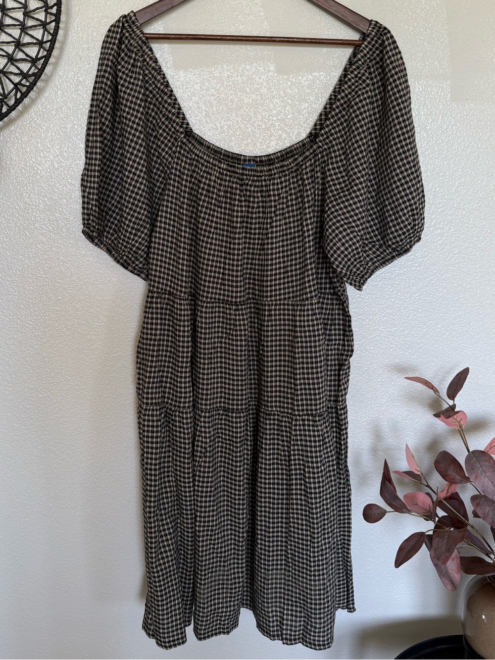 🍂 Old Navy Black & Cream Gingham Midi Dress Cottagecore Fall XL TALL